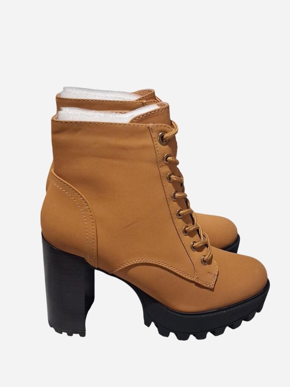 BAMBOO Tan Lace-Up Chunky Heel Ankle Boots